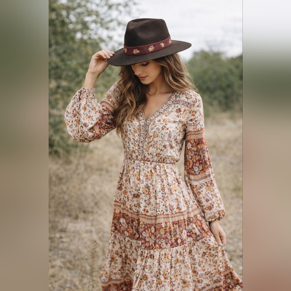 Women's WYETH Frida Kahlo Brown WOOL Wide Brim FEDORA HAT Floral Band BOHO Ranch - Picture 3 of 10